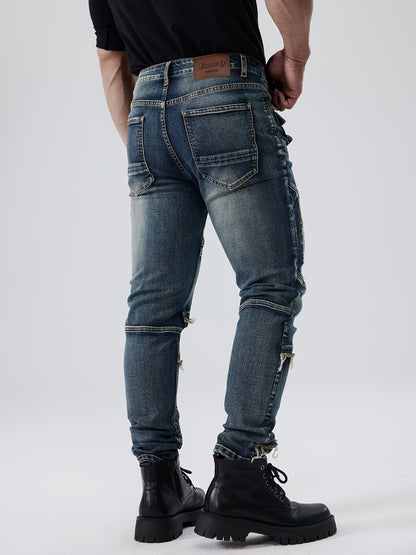 ESDVQ Men's Fashion Patchwork Vintage Washed Jeans - Slim Fit, Stretch Denim with Pockets, Casual Style, Machine Washable - Dark Blue with Light Blue & Black Accents