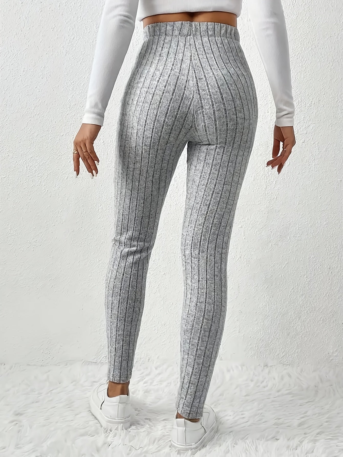 Women'S High - Waist Ribbed Leggings - Stretchy Slim Fit, Drawstring Detail, Casual Solid Color Pants for All Seasons