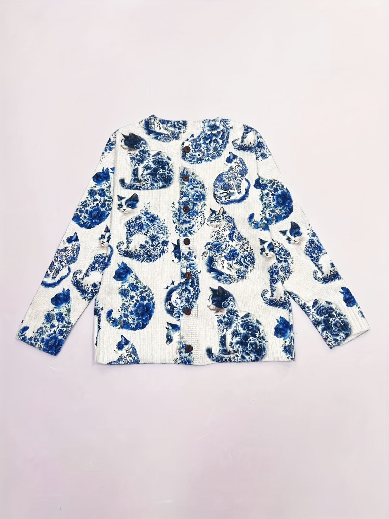 Women's Lightweight 3D Cat Print Cardigan - Open Front Button Detail Sweater, Elegant Casual Chic for Spring Summer Fall, Cat Lover Gift, Cat Clothes, Versatile Layering, Playful Design, Breathable Fabric, Printed Sweater, Women