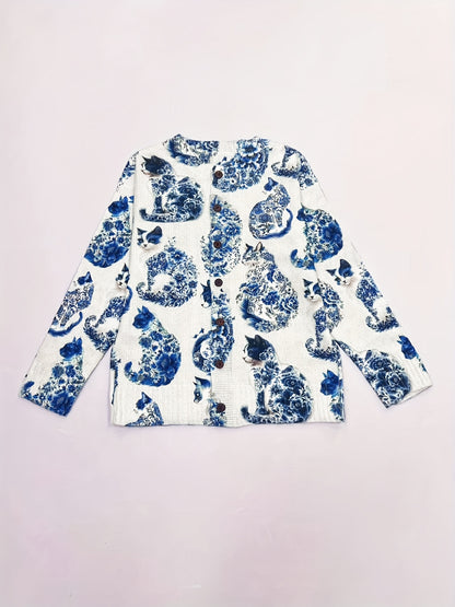 Women's Lightweight 3D Cat Print Cardigan - Open Front Button Detail Sweater, Elegant Casual Chic for Spring Summer Fall, Cat Lover Gift, Cat Clothes, Versatile Layering, Playful Design, Breathable Fabric, Printed Sweater, Women