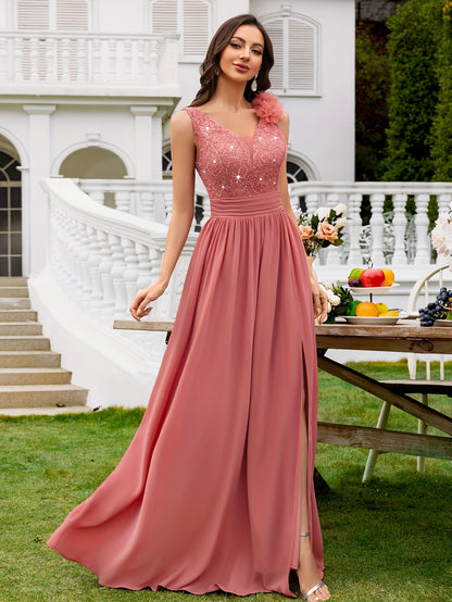 24451A Elegant Womens Mesh Deep V Neck Sequin Lace Maxi Dress, Sleeveless Applique Shoulder, Back V Neck, Ruched A Line Waist, High Thigh Slit Hem, Perfect For Formal Wedding Guest, Prom, Bridesmaid Party, Graduation Season, Wedding Season