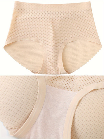 2pcs Solid Fake Butt Padded Seamless Shaping Panties with Scallop Trim, Comfy & Breathable Butt Lifting Panties, Women's Underwear & Shapewear