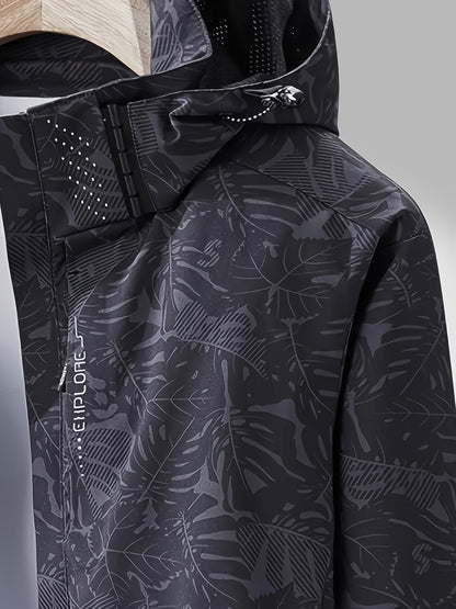 Women's Lightweight Windproof Hooded Jacket - Casual Zip-Up Outdoor Raincoat with Tropical Leaf Print, Removable Hood & Adjustable Cuffs for Spring Summer Fall,, Travel, Camping, Camping Gear, Apparel, Durable Zipper Closure