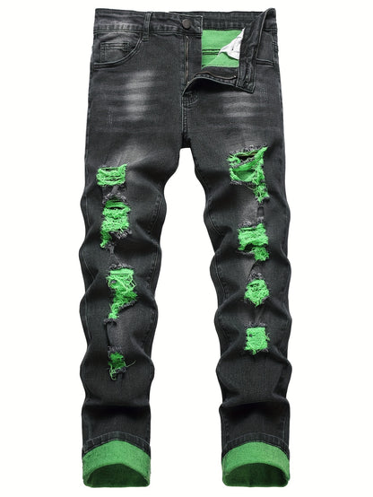 Two-pack Men's Ripped Stretch Slim-fit Ripped Jeans. They Are Suitable for All Seasons, Night Outings, Business Negotiations, Festive Parties, And Outdoor Activities. The Combination Of Orange And Light Green Is More Free And Happy.