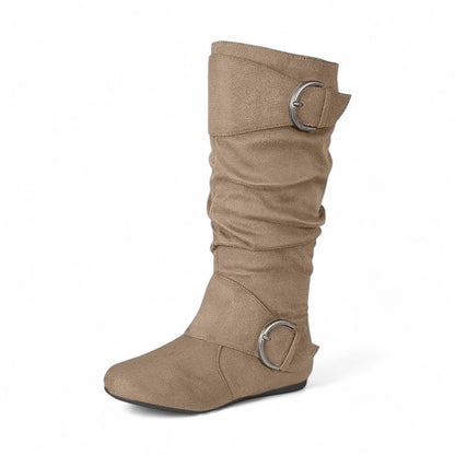Women's Closed Round Toe Buckle Slouch Flat Heel Mid-Calf Boot