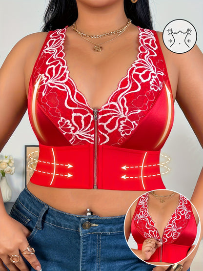 Women's Plus Size Full-Coverage Wire-Free Bra & Shaping Sleeveless Tank Top - Adjustable Zipper Closure, Lace Flower Print, Back-Tightening Shaping Design, Soft Stretch Fabric for Daily Wear & Special Occasions - Lingerie (Hand Washable, No Underwire)