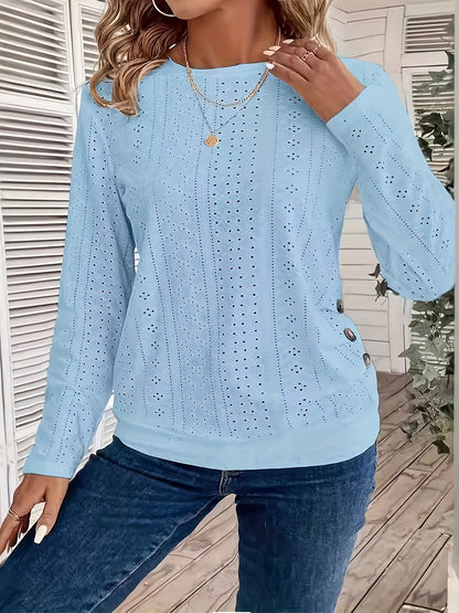 Chic Long-Sleeved Crew Neck Tee - Made from Soft Elastic, Featuring Faux Button Details, Machine Washable, Solid Hue, Length, Ideal for Spring And Autumn - Women'S Fashion Apparel
