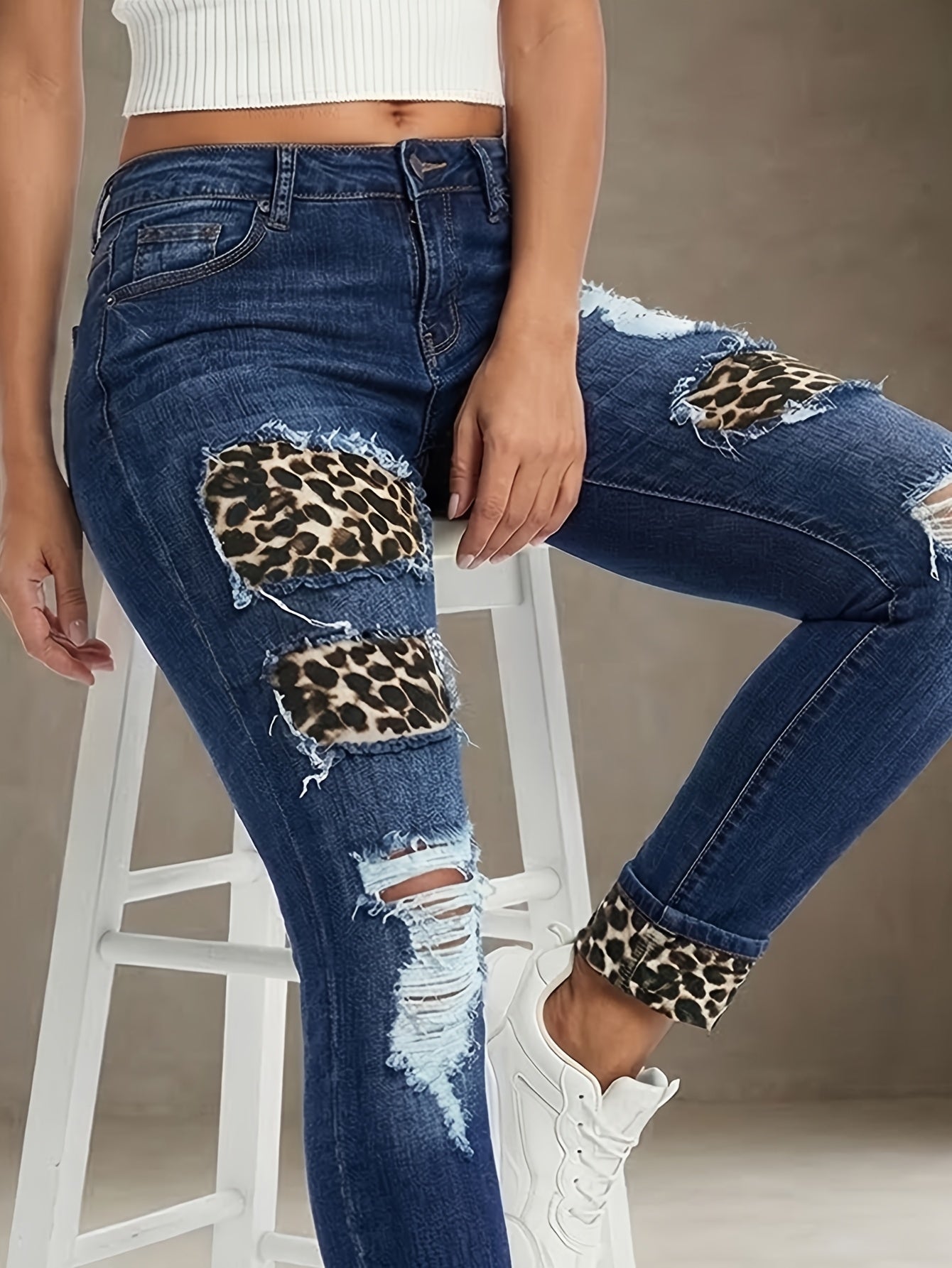 Women'S Mid- Rise Skinny Jeans with Leopard Print Patches& Ripped Details, Dark Wash, Stretchy Fabric a Flattering Fit, Edgy& Casual Styles