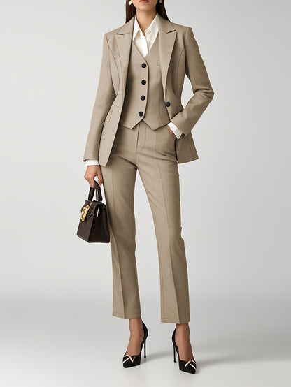 Autumn and Winter Women's Solid Color Casual Elegant Long Sleeve Suit Jacket, Slim Fit Blazer with Single-Breasted Short Sleeve Vest Top, Slim Fit Pants, Professional 3pcs Suit Set for Outdoors Office Wear