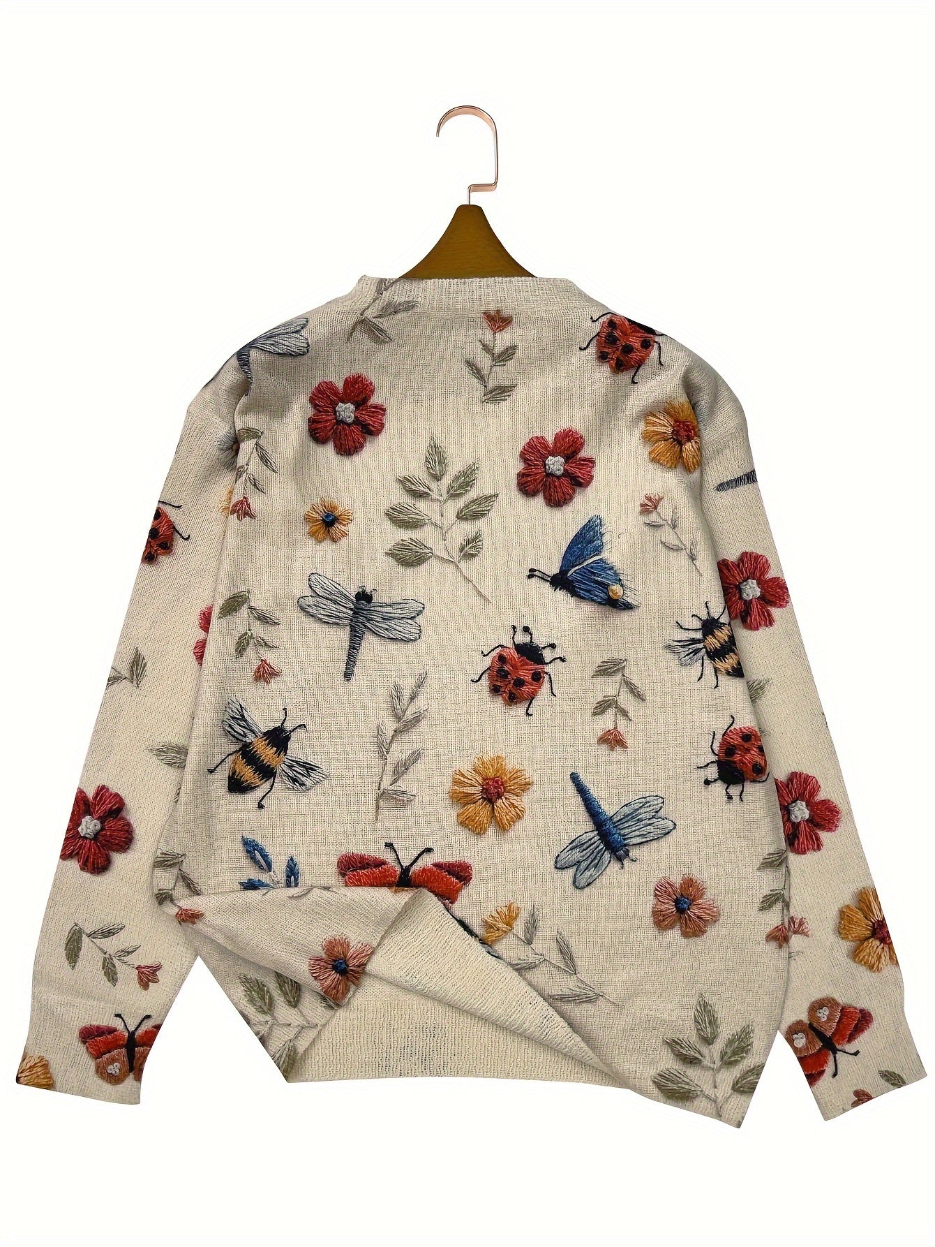 Women's Lightweight All-Over Print Sweater - 3D Insect & Floral Design, Casual Crew Neck Long Sleeve Top, Regular Fit for All Seasons, Cute Sweater, Allseason Wear, Playful Design, Comfortable Clothing