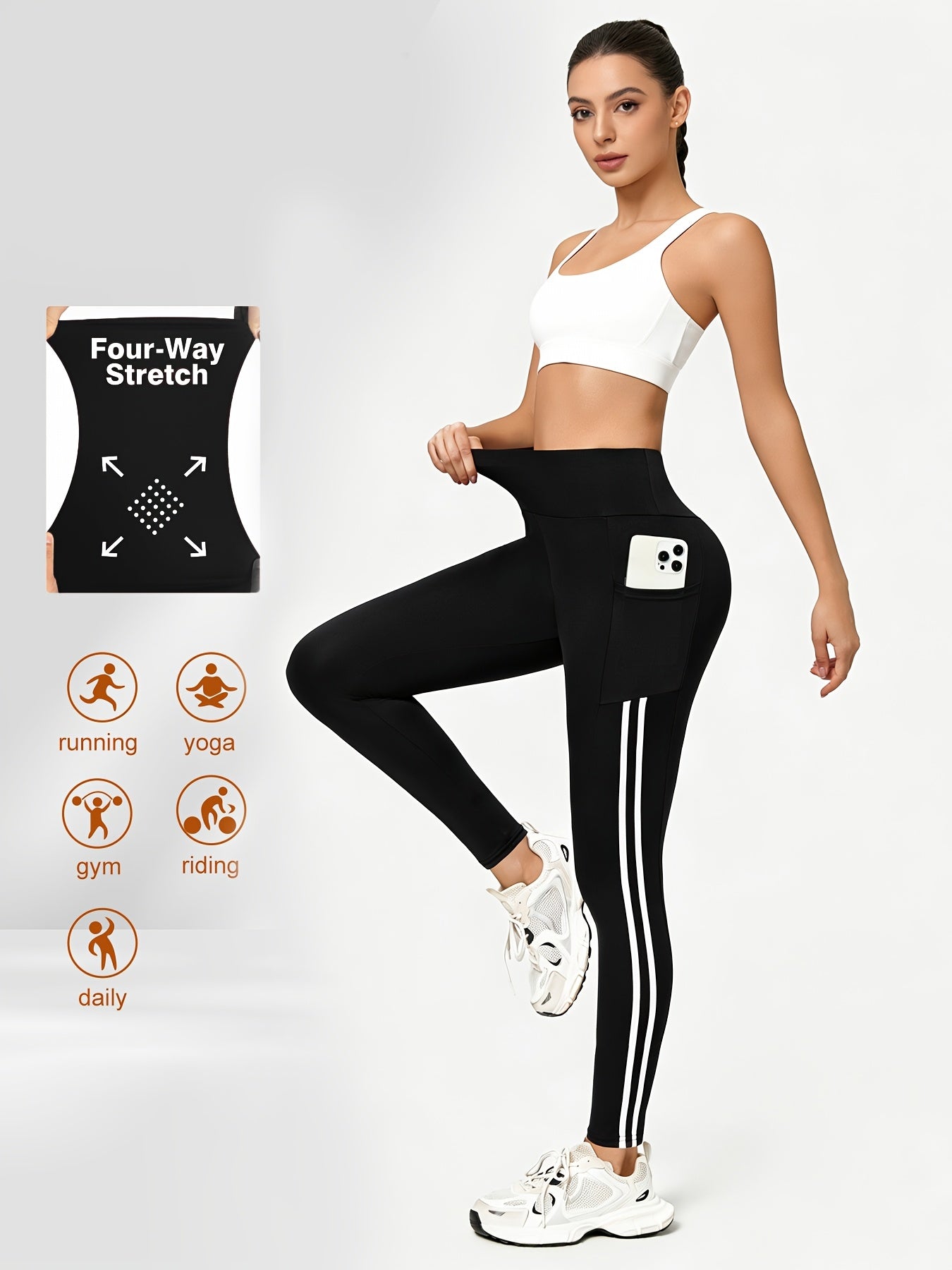 2pcs Set High-Waisted Yoga Leggings, Double-Stripe Design with Pockets, Ultra-Stretch, Comfortable & Machine Washable, Yoga & Fitness Workouts, All-Season Wear | Fashion Activewear | High-Stretch Fabric