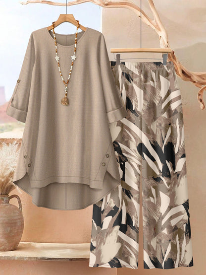Plus Size, Plus Size - Plus Size - A Stylish 2pcs Outfit for Plus-Size Women Featuring an Asymmetrical Button-Up Top And Wide-Leg Pants with Artistic Prints, Perfect for Daily Elegance