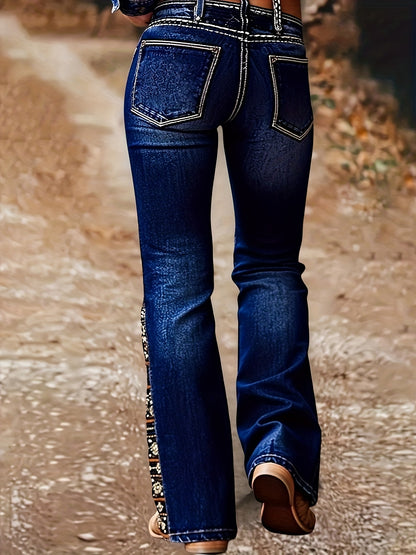 Ladies' Flared Jeans with Vibrant Paisley Design - Retro-Style, Chic Commuter Bell Bottom Denim Trousers, Washable in Machine, No Belt Required