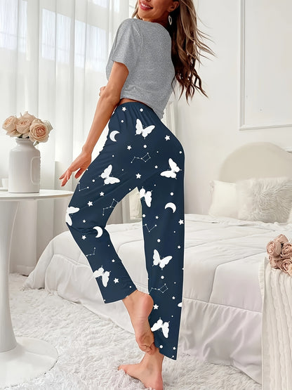 3 Pajama Sets, Casual Short Sleeve Round Neck Top & Elastic Pants - Women's Sleepwear - Soft & Comfortable Fabric - Perfect for Lounging & Sleeping - Ideal Gift for Her