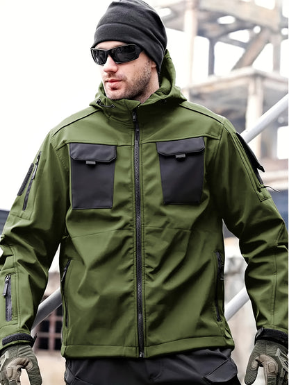 Men's Tactical Jacket Outdoor Zippered Shell Jacket, Windproof, Scratch Resistant, Warm Hooded Jacket, Suitable for Outdoor Activities, Ripstop Technology, Multiple Utility Pockets - Non-Stretch Outdoor Gear for Camping, Survival, Tactical Training.