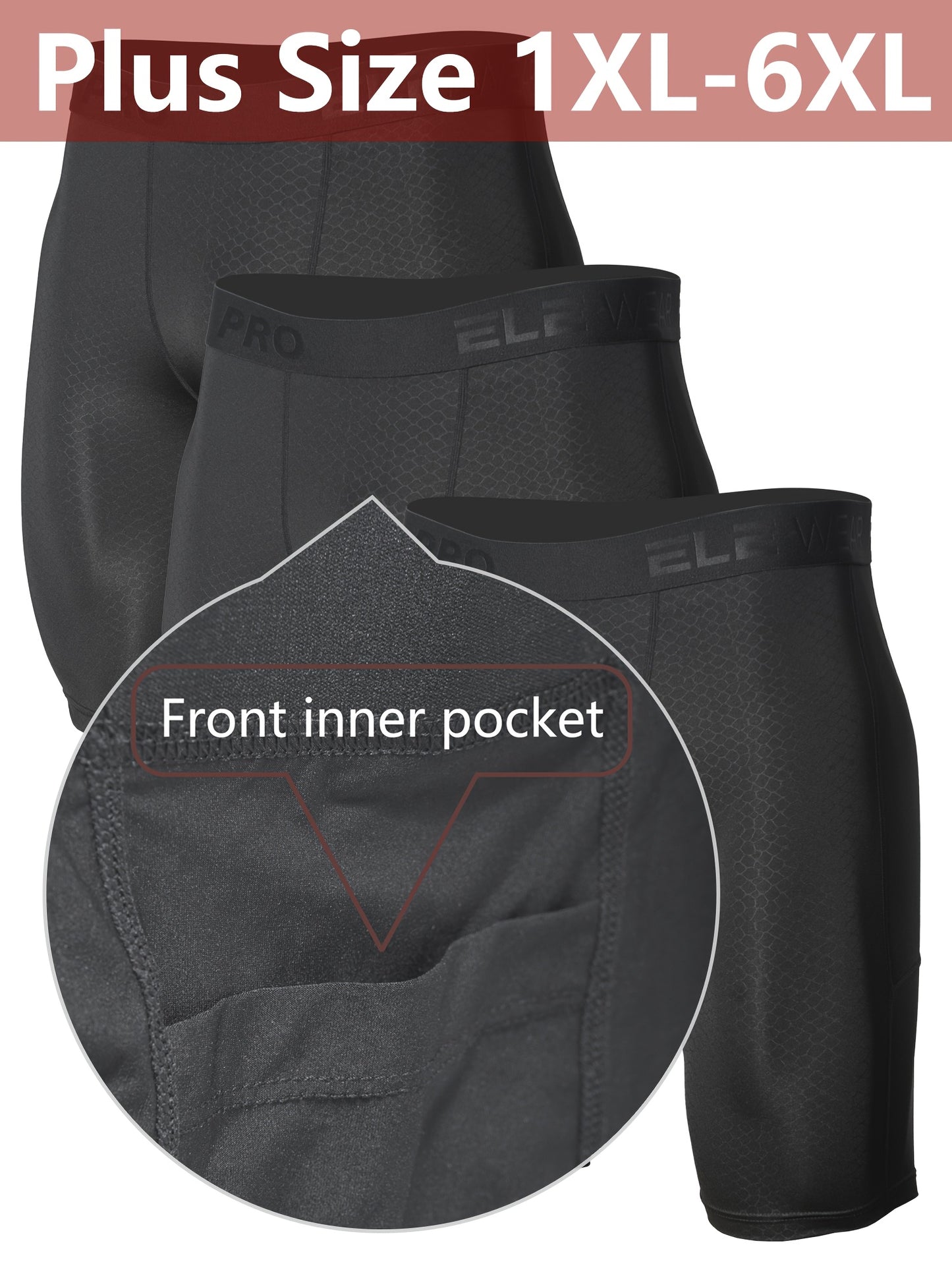 3pcs Men's Plus Size Workout Underwear & Running Gym Shorts with Side Pockets, Moisture-Wicking Quick-Dry Polyester, Snake-Light Beige Embossed Design, 1XL-6XL Sizes for Athletic Protection & Comfort, Athletic Compression | Sporty Look, PLUS SIZE