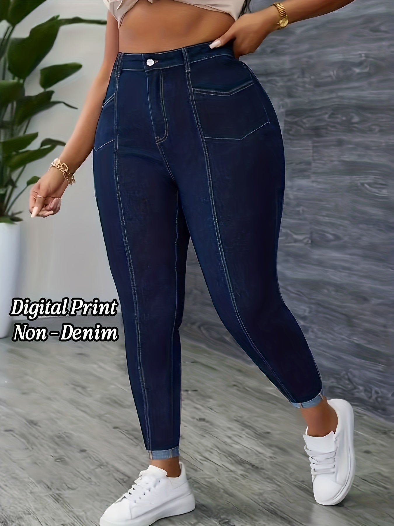 [Printed Pants - Not Denim Fabric]Plus Size - [Printed Pants - Not Denim Fabric]Plus Size - Plus Size, [Denim Print/Imitation Denim] Women'S Plus Size High-Waisted Stretch Skinny Jeans - Wash Blue Imitation Denim Leggings with Belt-Like Waist