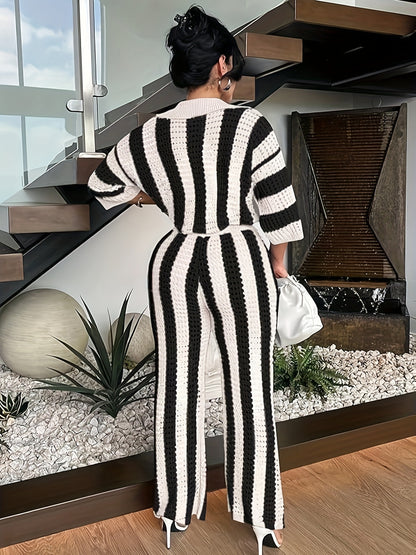 Casual Striped Eyelet Pantsuits, Button Front 3/4 Sleeve Loose Top & Wide Leg Pants Outfits, Women's Clothing