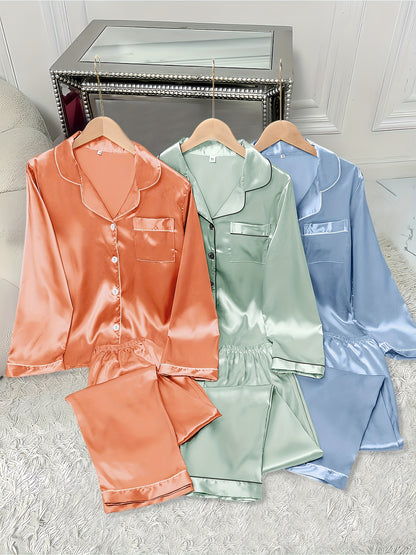 3pcs Women'S Satin Pajama Set - Casual Solid Color Long Sleeve Shirt & Elastic Waist Pants, Lapel Collar, Button Detail, Fall/Winter Sleepwear