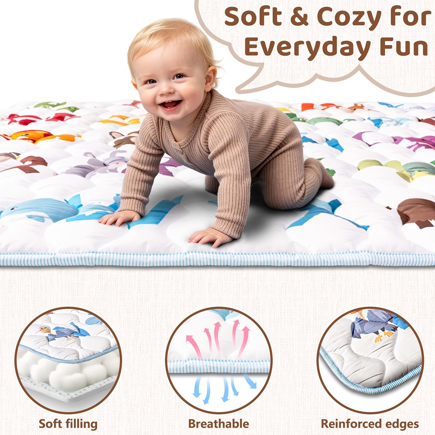Baby Play Mat, 50x50 Playpen Mat with Super Soft Touch, Activity Mat with Upgraded Anti-Slip Bottom, Machine Washable Crawling Mat for Floor & Picnic