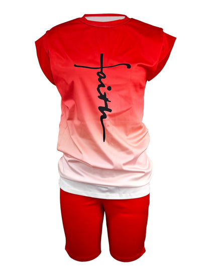 2pcs Plus Size Cross Printed Gradient Set, Women's Fashion Casual Short Sleeve Round Neck Top, Motorcycle Shorts Plus Size Set