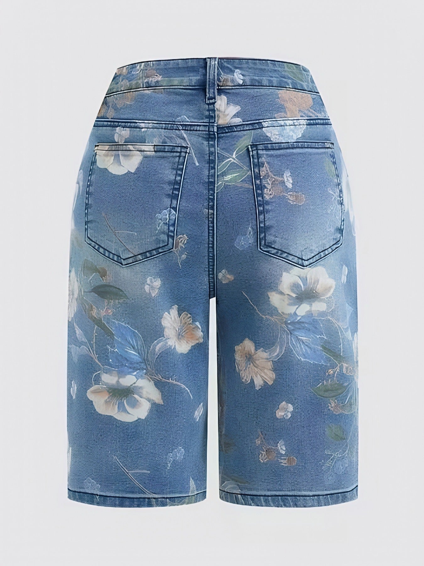 Plus Size Women Summer Clothes Women'S Stretch Floral Print Plus-size Denim Shorts, High-waisted For A Flattering And Effect, Retro Street Style, Highly Stretchy And Comfortable Fit, Perfect For Spring And Summer.