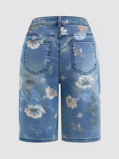 Plus Size Women Summer Clothes Women'S Stretch Floral Print Plus-size Denim Shorts, High-waisted For A Flattering And Effect, Retro Street Style, Highly Stretchy And Comfortable Fit, Perfect For Spring And Summer.