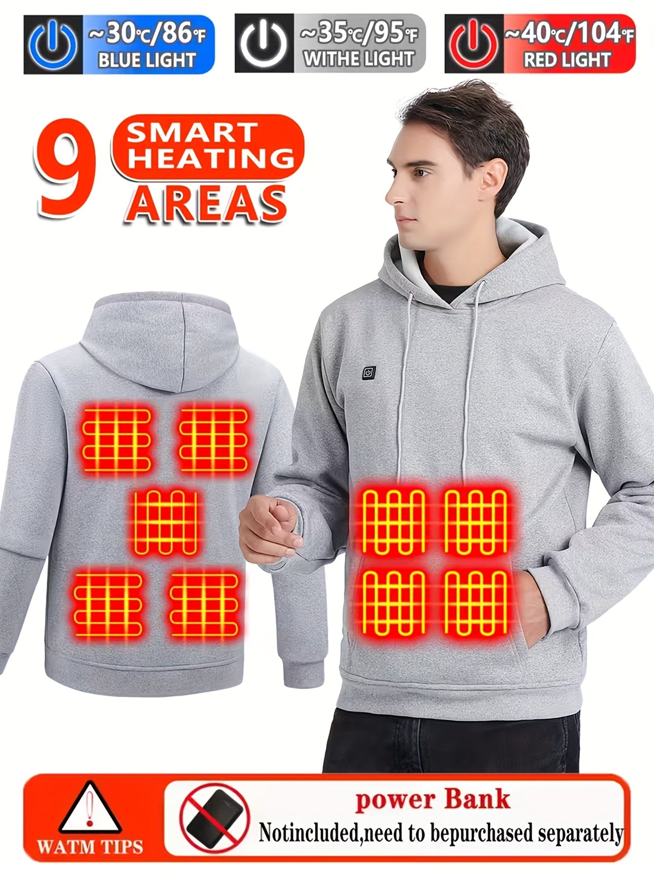 Men's Heating Hoodie with 9 Heating Zones, Electric Heating Sweatshirt, Winter Thermal Pullover Sweater Fall/Winter Essential Hoodie (Battery Not Inculded)