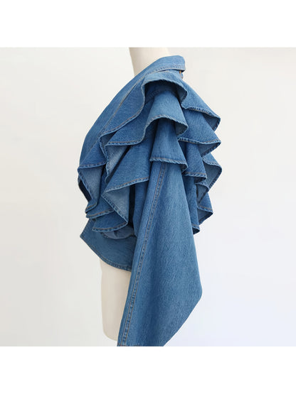 Women'S Washed Light Blue V-Neck Cropped Denim Jacket, Design Sense Ruffled Long Sleeve Waist Cinched Denim Cardigan