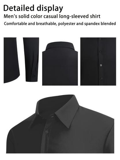 4pcs Men'S Formal Shirt Casual Shirt, Classic Button Up Long Sleeved Shirt, Solid Color Series, 97% Fiber, 3% Spandex, Skin Friendly And Breathable, Suitable For Business, Outdoor Leisure, Wedding Banquets, Dates, All Seasons