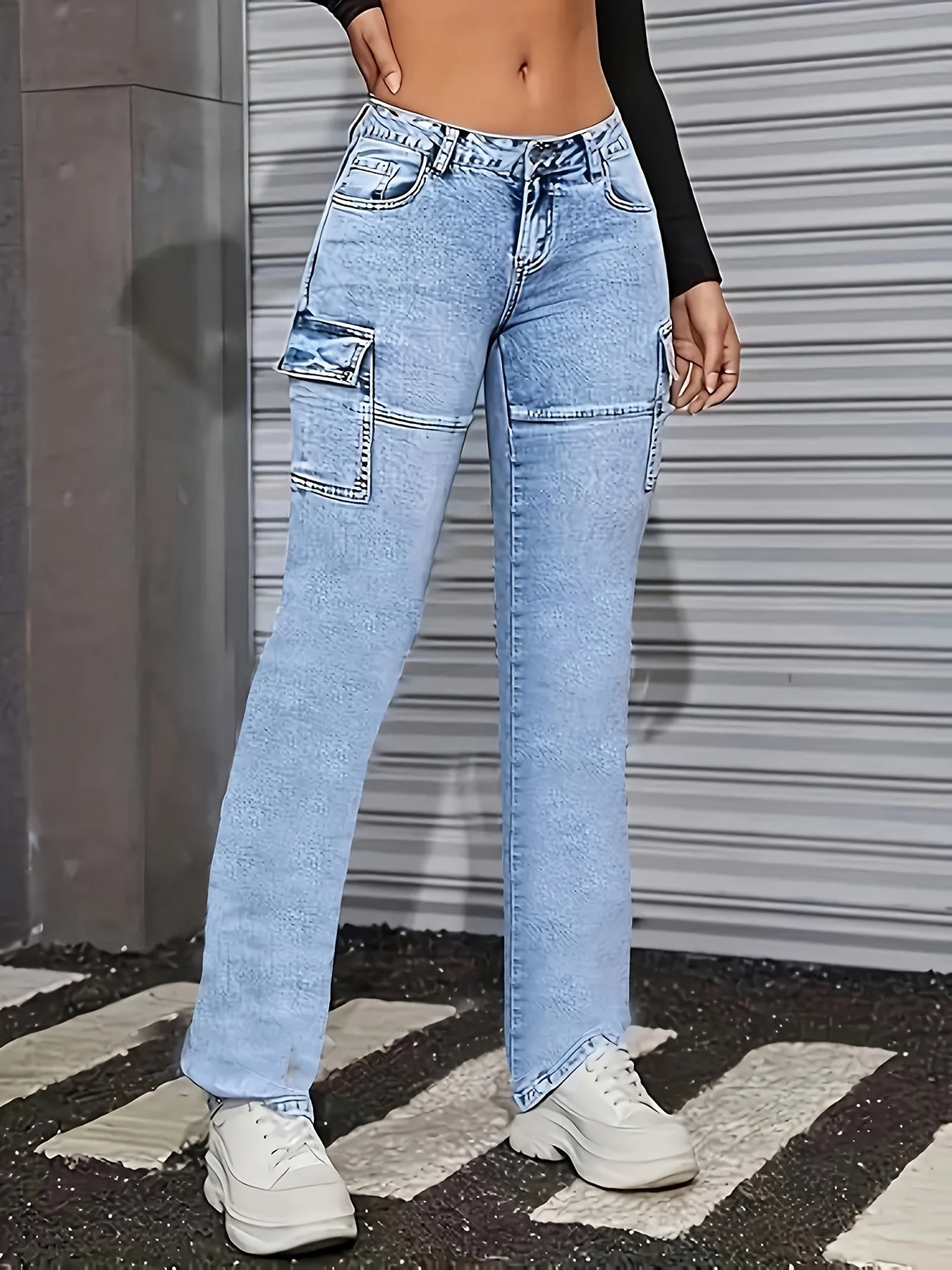Women's Light Blue Slim-Fit Stretch Denim Jeans - Casual All-Season Machine Washable Pants with Pockets, Solid Color & Non-See-Through Fabric, Pocketed Trousers, Medium Elasticity