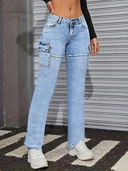 Women's Light Blue Slim-Fit Stretch Denim Jeans - Casual All-Season Machine Washable Pants with Pockets, Solid Color & Non-See-Through Fabric, Pocketed Trousers, Medium Elasticity