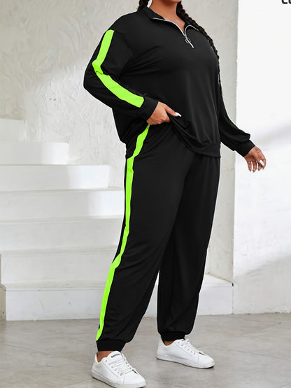 Plus Size, Plus Size Women's Spring And Autumn Contrast Color Casual Suit, Half Zip Pullover Long Sleeve Top And Trousers Two-Piece Set