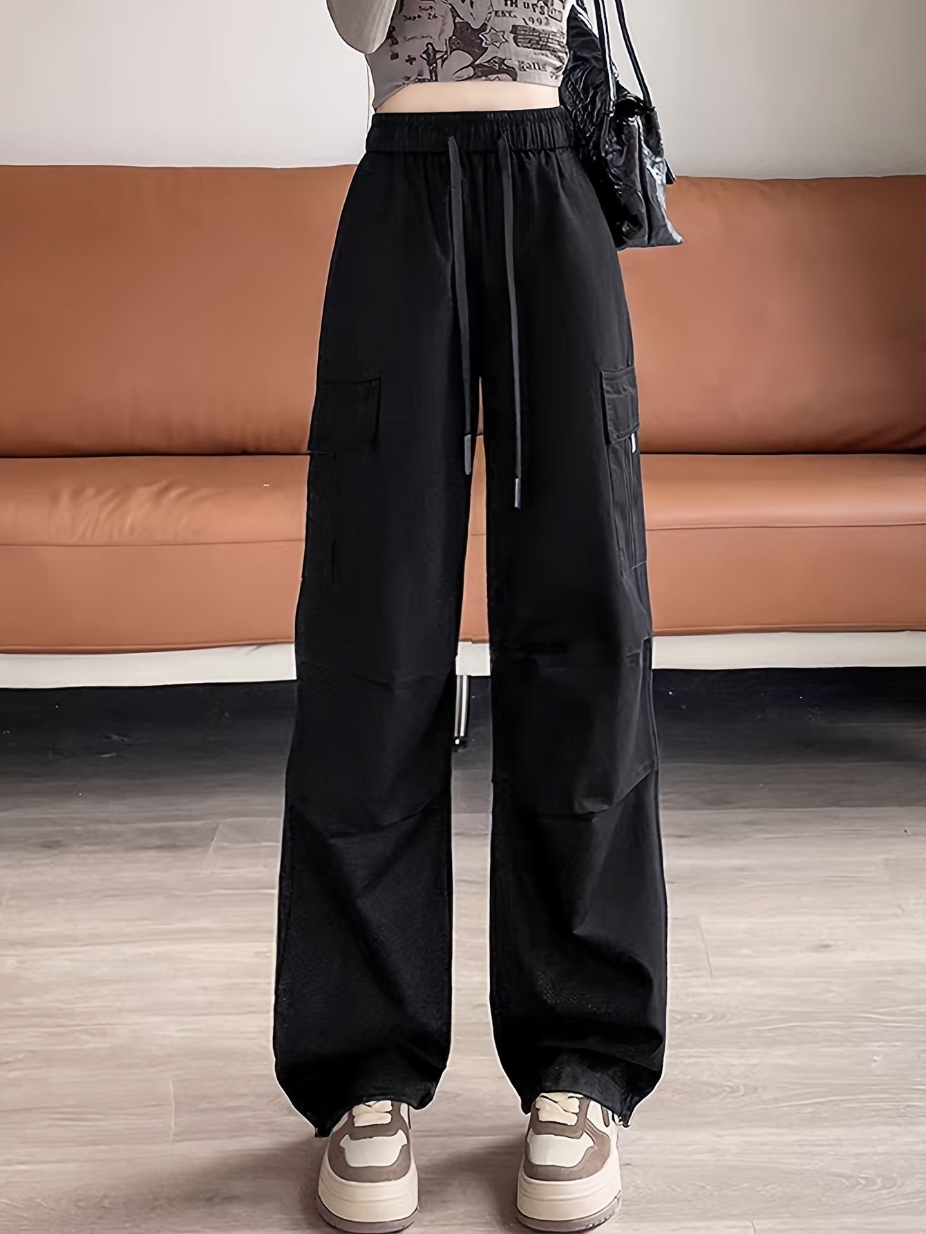 Women&Apos;S Olive Green Cargo Pants - Casual Flap Pockets, Wide-Leg Design, Machine Washable, Spring/Fall Versatile Trousers for Casual Attire, Spring Fall Attire | Relaxed Fit Pants | Nonelastic Fabric