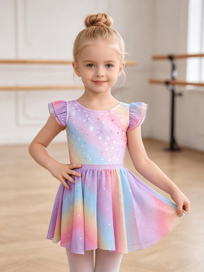 Summer New Kids' Dress, 1pc Of Gym Uniform, 1pc Of Skirt Set, Girls' Clothing Rainbow Flutter Sleeve Sequin Chiffon Dress Set, Children's Clothing Ballet Leotard, Perfect for Outdoor