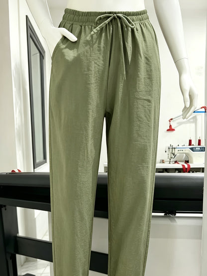 3-Pack Women'S 9/10 Length Casual Trousers, Loose Fit, Solid Color Drawstring Elastic Waist, Comfortable And Versatile for Office, Weekend Strolls, Gatherings, And Beach Vacations
