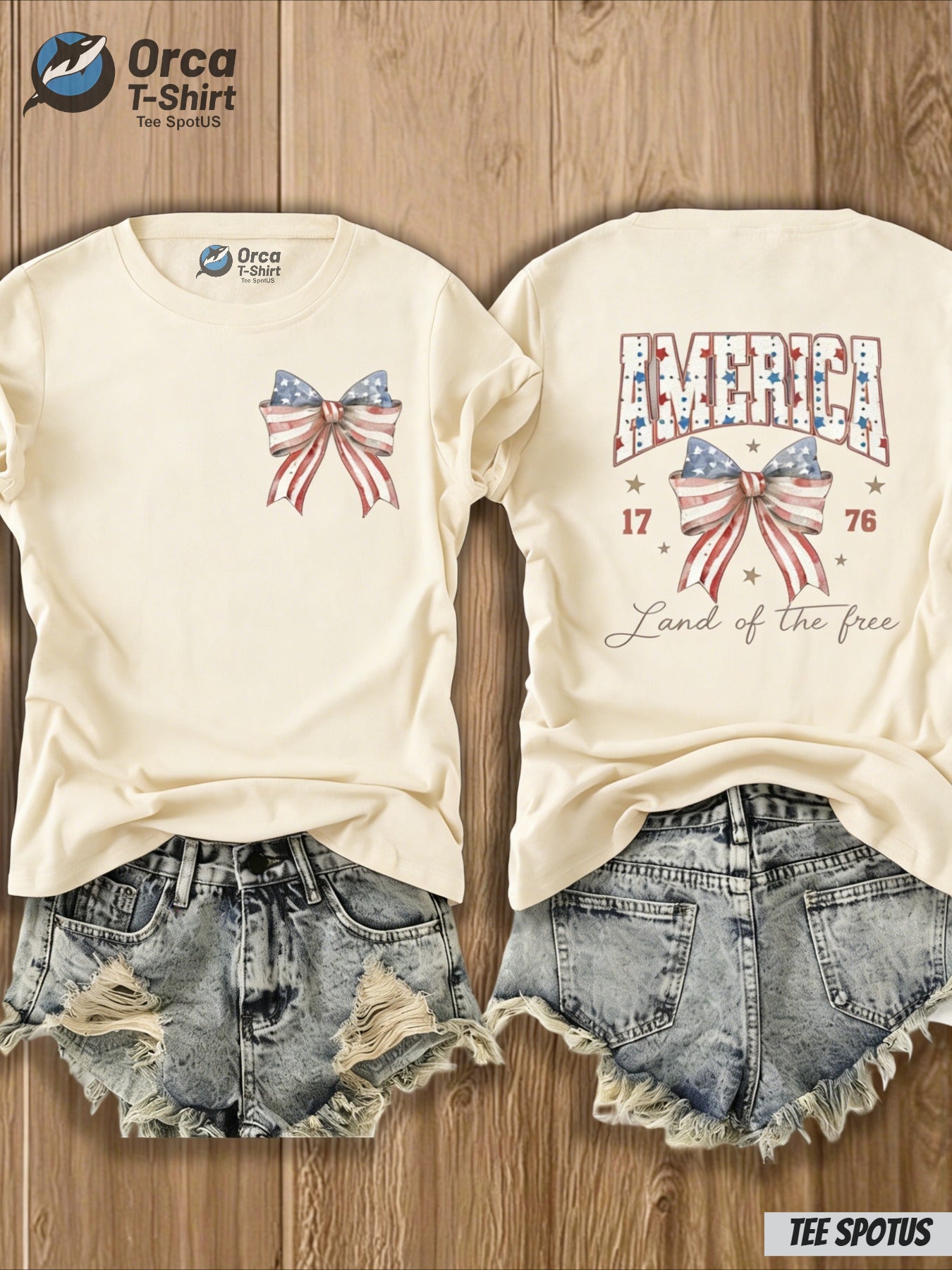 Women's America "Land of the Free" Bow & Flag Print T-Shirt - 4th of July Outfit, Casual Crew Neck Top with Map Design Suitable for Spring Summer, Gift (Local Shipping)