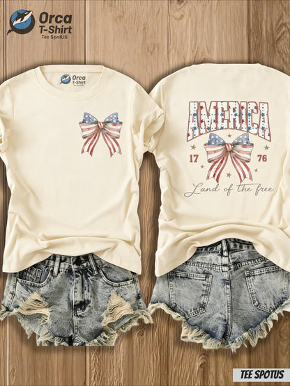 Women's America "Land of the Free" Bow & Flag Print T-Shirt - 4th of July Outfit, Casual Crew Neck Top with Map Design Suitable for Spring Summer, Gift (Local Shipping)