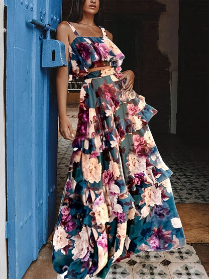 Spring/Summer New Beach Edge Holiday Style Printed Two-Piece Peplum Halter Top Cake Skirts Boho Skirts Casual Suit