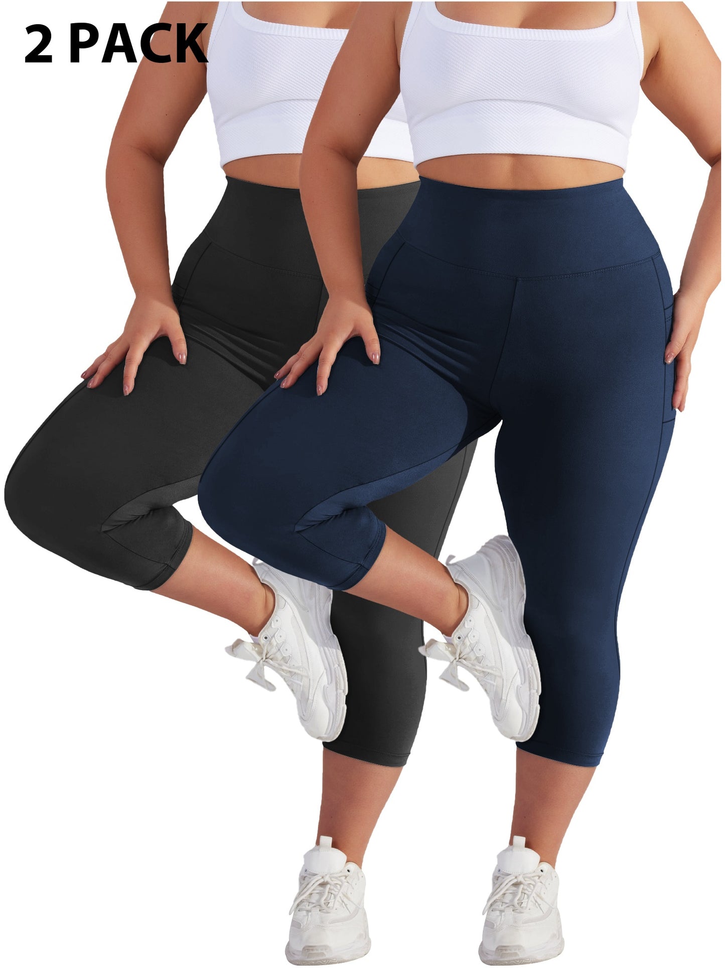 Plus Size - 2pcs Set - Plus Size High-Waisted Pocket Capri Pants - Soft Suitable for And Workouts - Elegant Style - New Spring And Summer Collection - Targeted Design