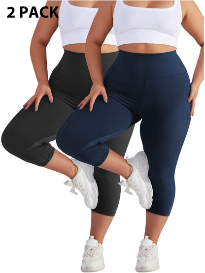 Plus Size - 2pcs Set - Plus Size High-Waisted Pocket Capri Pants - Soft Suitable for And Workouts - Elegant Style - New Spring And Summer Collection - Targeted Design
