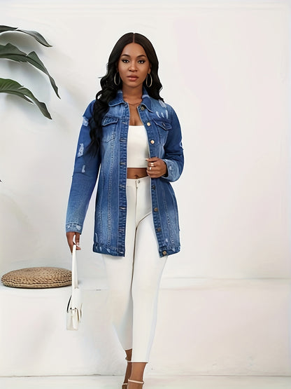 Women Fashion Solid Ripped Turn-down Collar Jean Jacket For Women Loose Casual Blue Fashionable Women Coats Female Outwear Denim Dark Blue Jacket For Women