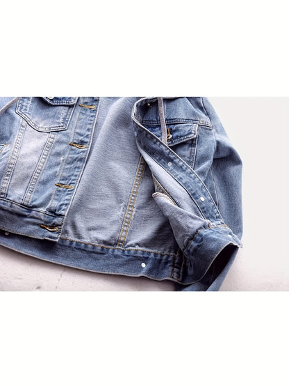 Plus Size Women's Casual Denim Jacket, Long-sleeved Hooded Short Denim Coat. The Hood Can Be Detached. It Is Suitable for Spring And Autumn Seasons And Any Occasion