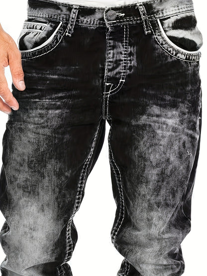 Men's Slim-Fit Straight-Leg Distressed American Snowflake Jeans - Vintage Wash Blue Denim Pants with Snowflake Pattern, Streetwear Style All-Season Casual Wear, Durable Fabric & Hand Washable
