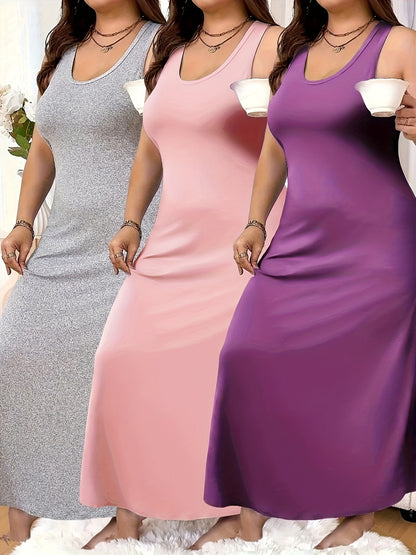 3pcs Set Of Women's Plus Size Sleeveless Vest Sleep Dress Evening Gown No Print Solid Color Simple Style Casual Version Very Comfortable Home Clothing