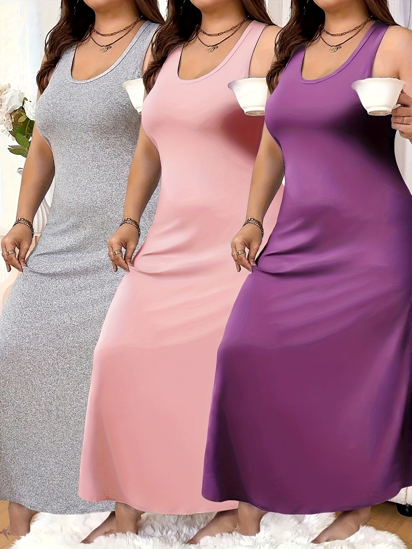 3pcs Set Of Women's Plus Size Sleeveless Vest Sleep Dress Evening Gown No Print Solid Color Simple Style Casual Version Very Comfortable Home Clothing
