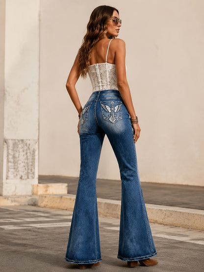 Women'S High-Stretch Embroidered Flared Jeans, Fashionable Casual Jeans, Women'S Jeans And Clothing