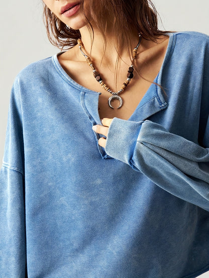 Casual Solid Color V-Neck Long Sleeve Loose Fit Women Sweatshirt Fall Tops Women Cropped Sweatshirt Long Sleeve Tops Comfy Tops Tops for Women