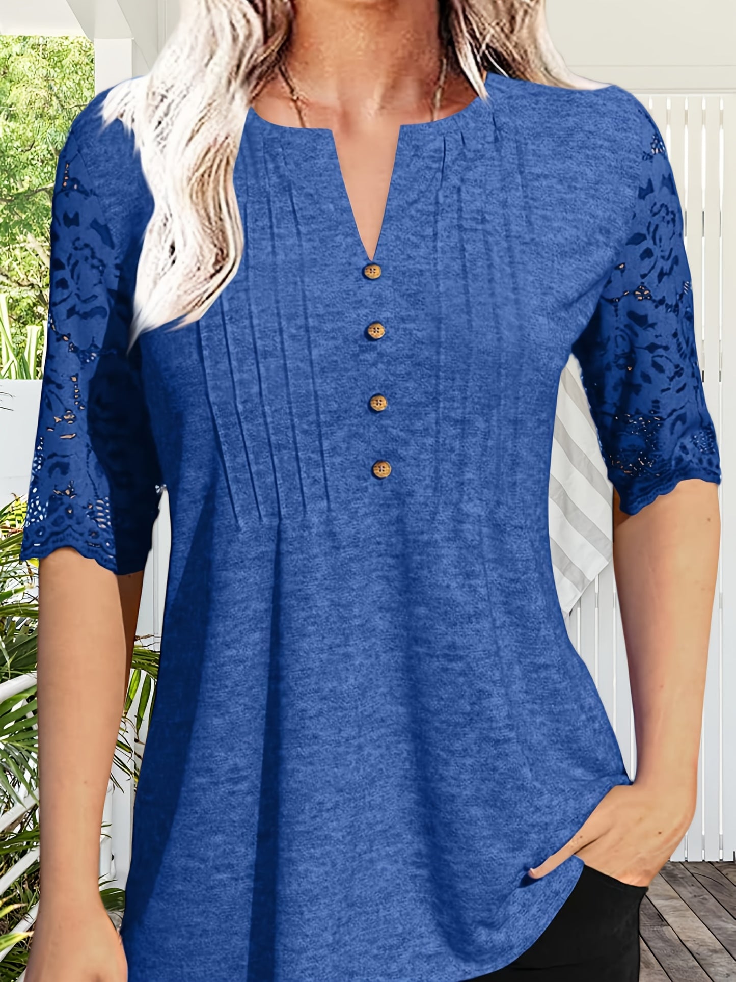 Women's Summer Pleated Button Short Sleeve T-shirt Summer V-neck Solid Color Casual Top