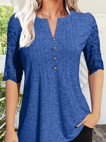 Women's Summer Pleated Button Short Sleeve T-shirt Summer V-neck Solid Color Casual Top
